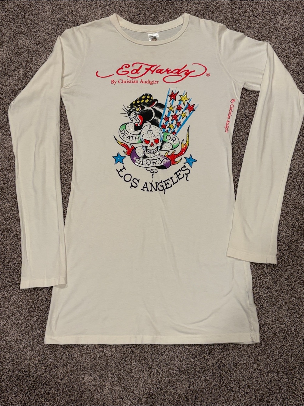 Vintage Ed Hardy Cream Long Sleeve Tee with Multicolor Skull & Panther Graphic